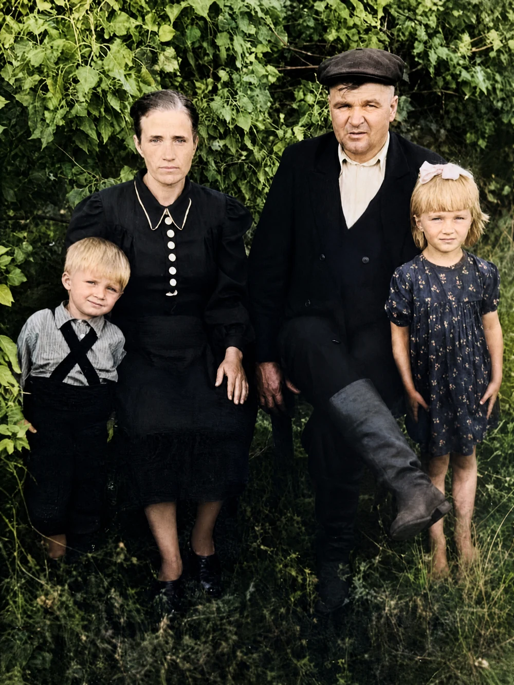 То же фото после колоризации: естественные цвета кожи, одежды и зелени сада