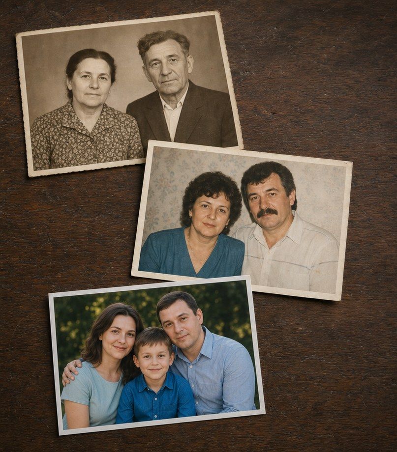 Три отдельные семейные фотографии разных поколений разложены на деревянном столе