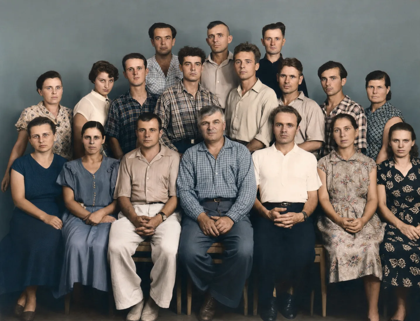 Та же групповая фотография в естественных цветах после колоризации, все лица сохранены